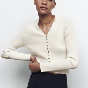 NWT Zara Ribbed Button Cardigan Sweater Cream Pearl Buttons Size M